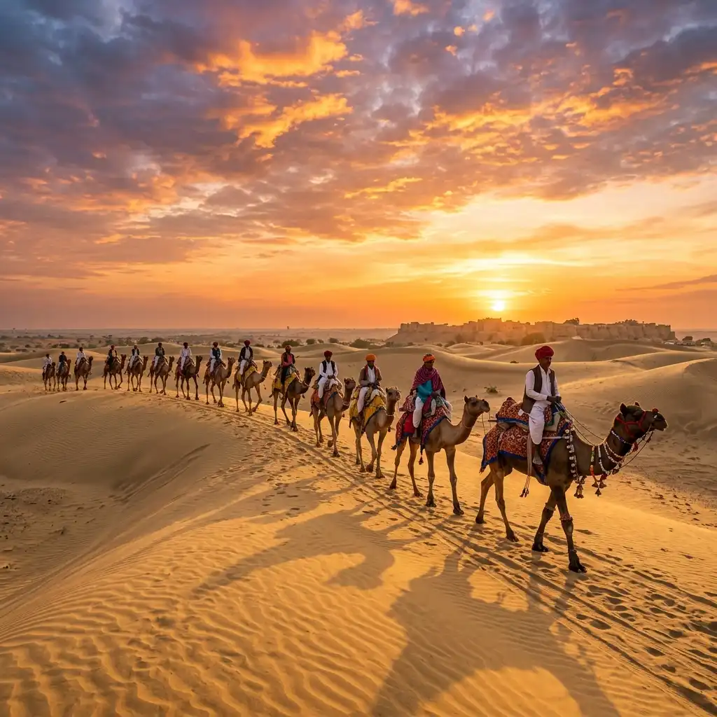 Camel caravan in Thar Desert near Jaisalmer Rajasthan sunset
