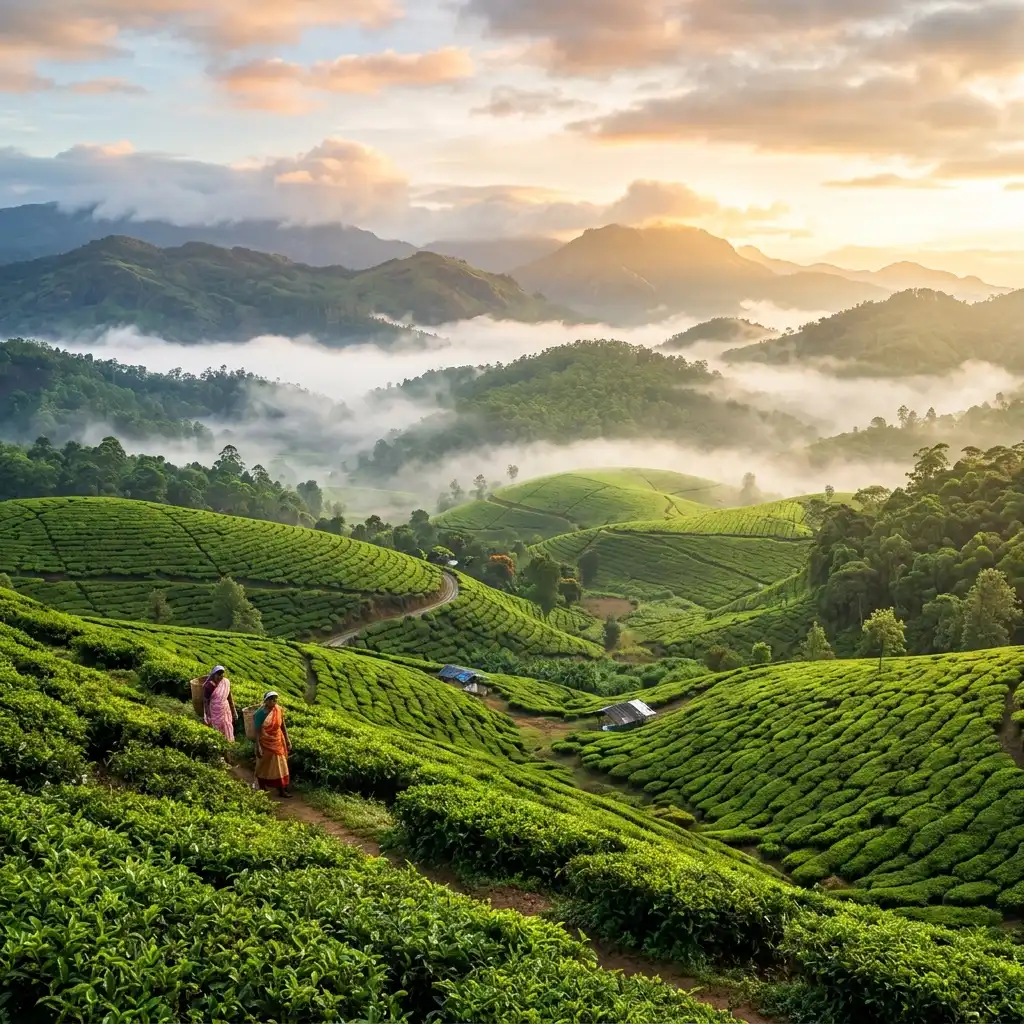 Mist covered Munnar tea plantations hills sunrise Kerala